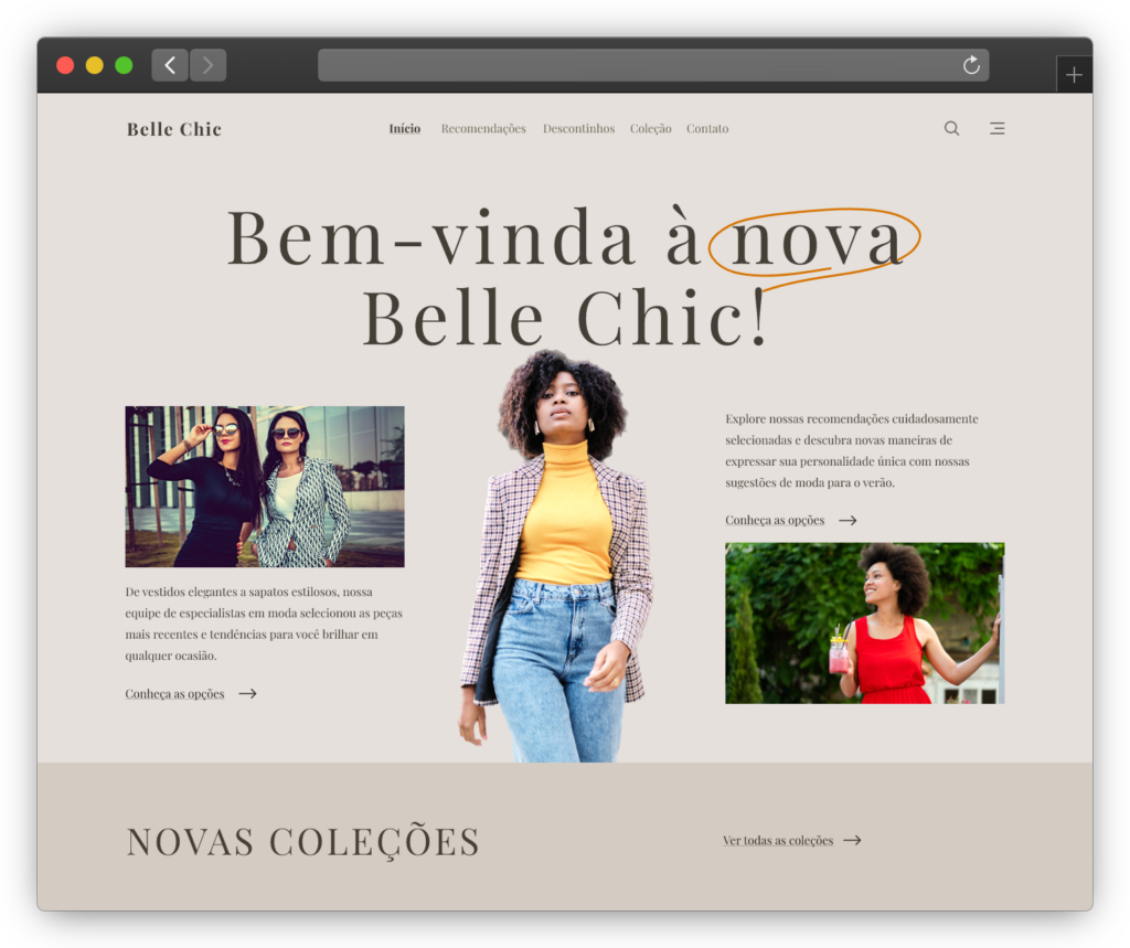 Uma captura de tela mostrando o novo site da Belle Chic.